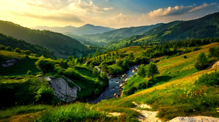 Panoramic view of the mountain valley at sunset. Carpathian, Ukraine