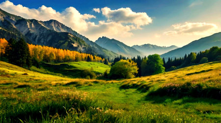 Mountain landscape in autumn. Panoramic view of the valley.の写真素材