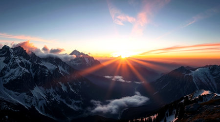 Beautiful sunrise in the mountains. Panoramic view of the Caucasus Mountains.