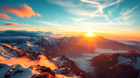 Beautiful sunset above the clouds in the mountains. Caucasus, Russia