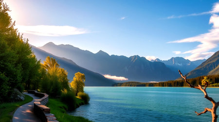 Mountain lake at sunset in Canadian Rockies, Alberta, Canada.