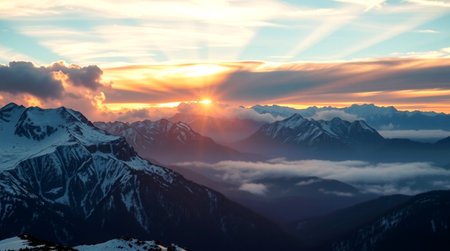 Sunset over the mountains. Panoramic view of the Caucasus mountains.