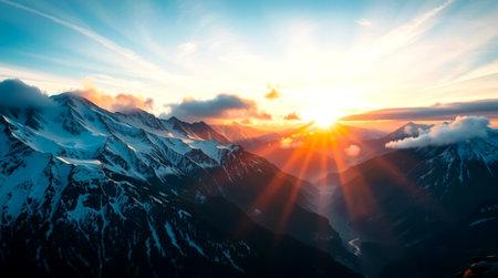 Panoramic view of the snowy mountains at sunset. Caucasus, Russiaの写真素材