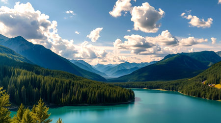 Beautiful mountain lake in the highlands of Canada. Panorama