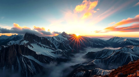 Mountain landscape. Sunrise in the clouds. Panoramic view