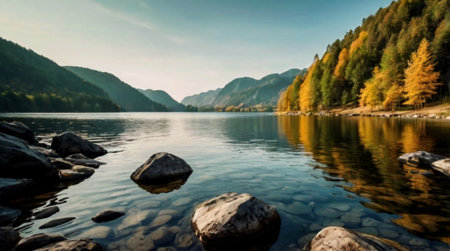 Beautiful autumn landscape with a lake in the mountains. Panorama