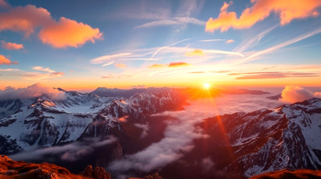 Sunset above the clouds in the mountains. Panoramic view.