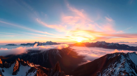 Sunrise in the mountains. Panoramic view of the Alps.