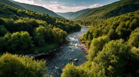 Aerial view of the mountain river in the Carpathian mountains