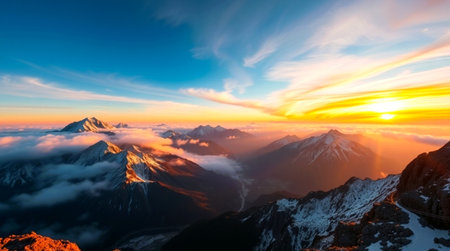 Aerial panorama of mountain range at sunset