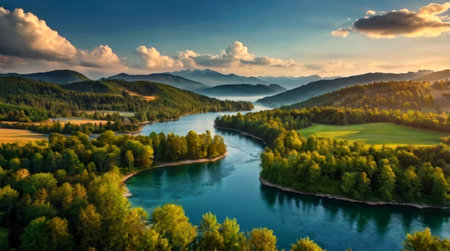Aerial panoramic view of beautiful lake and forest in mountains