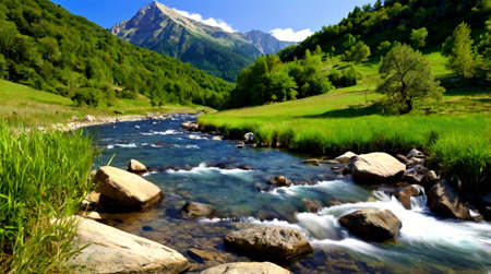 Mountain river in the mountains. Beautiful landscape with a mountain river.