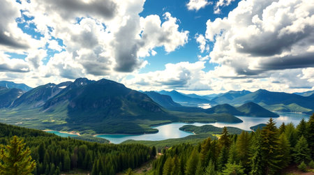 Panoramic view of alpine lake and mountains under cloudy sky
