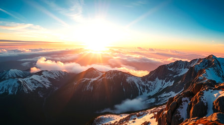 Mountain landscape. Sunrise over the clouds. Panoramic view