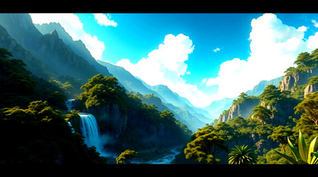 Mountain landscape with waterfalls and blue sky, New Zealand.の写真素材