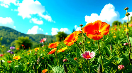 Colorful meadow with red and yellow poppies against the blue skyの写真素材