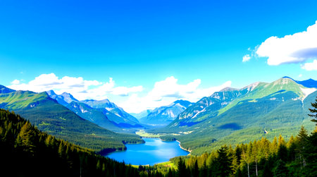 Beautiful alpine landscape with lake and mountains in sunny day.の写真素材