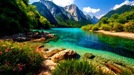 panoramic view of alpine lake with crystal clear turquoise waterの写真素材