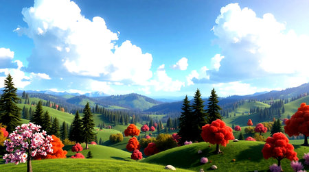 Beautiful spring landscape in the mountains. 3d render illustration.
