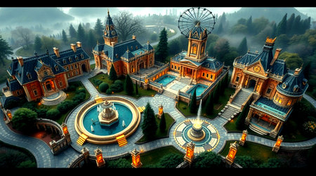 Fantasy fantasy landscape of a castle in the middle of the forestの写真素材