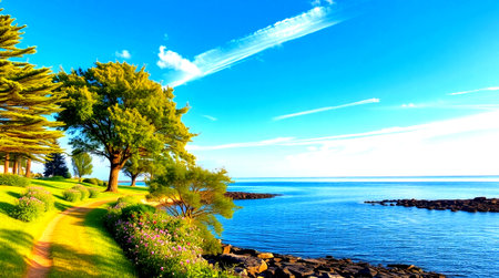 Beautiful seascape with green grass and trees on the seashore