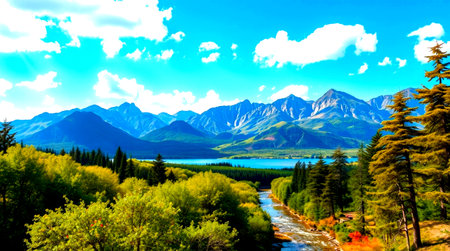 Mountains and lake in the Canadian Rockies. Alberta, Canada.の写真素材