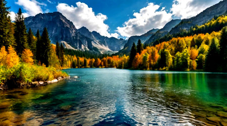 panoramic view of alpine lake in autumn, italy