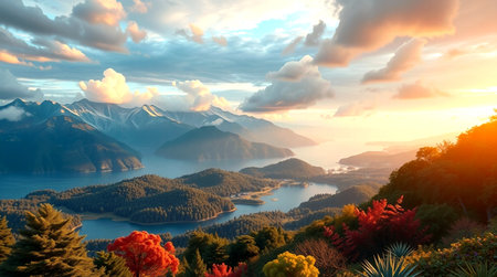 Fantastic view of the lake and mountains at sunset. 3d rendering