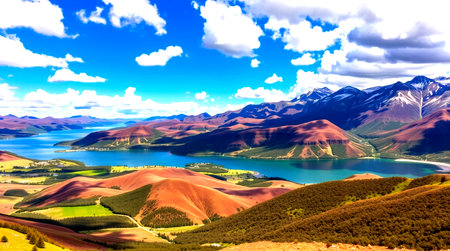 Natural landscape of New Zealand alps and lake with blue sky background
