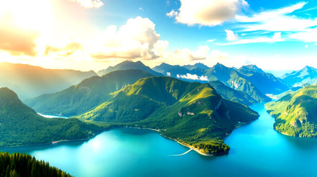 Panoramic aerial view of a lake surrounded by mountains.