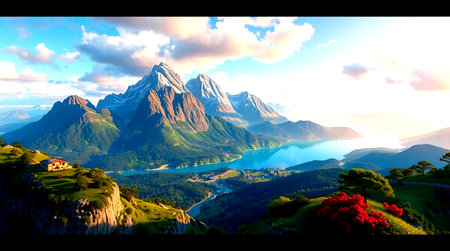 Mountain landscape with lake and village at sunset. Panoramic view