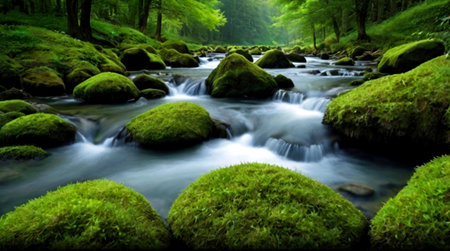 Mossy stones and flowing stream in a green forest at summer