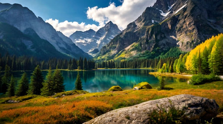 panoramic view of alpine lake in autumn, italy