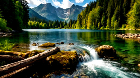 Beautiful alpine landscape with mountain lake and forest on the background