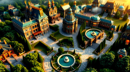 3d render of a fantasy castle with a pond and a fountain