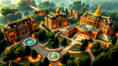Aerial view of the old castle in the fog. 3D rendering