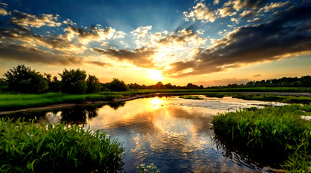 sunset over the river with clouds in the sky, nature series