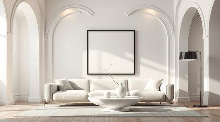 Modern interior with white sofa, coffee table and empty poster. Mock up, 3D Rendering