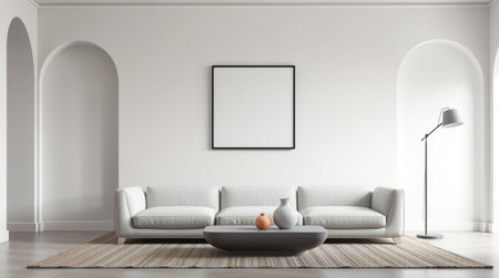 Interior of modern living room with white walls, tiled floor, comfortable white sofa and round...