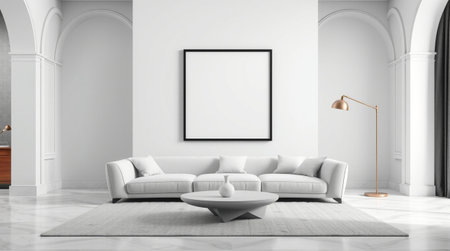 Minimalistic living room interior with white sofa and blank poster on wall. 3D Rendering