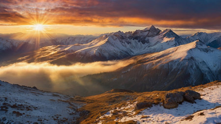 Sunset in the mountains. Panoramic view of the Alps.