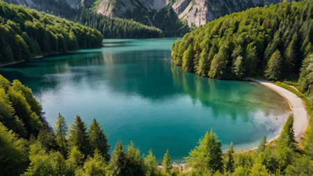 Panoramic view of turquoise lake in Alps, Austria