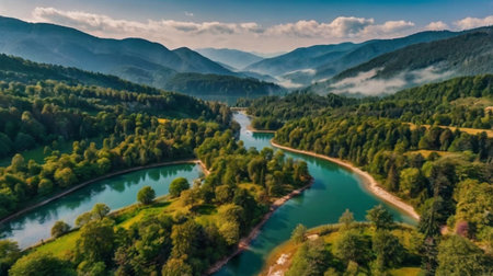 Aerial view of beautiful mountain landscape with river and forest in summer