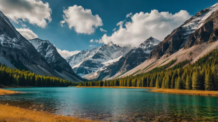 Panoramic view of turquoise mountain lake in the mountains