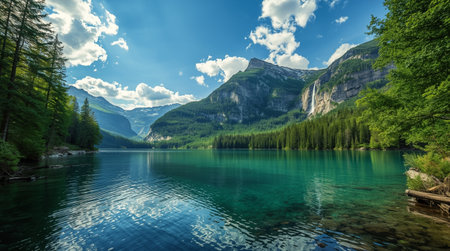 Beautiful alpine lake with crystal clear water and high mountains in background