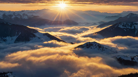 Sunset over the clouds in the mountains. Caucasus Mountains, Georgia.