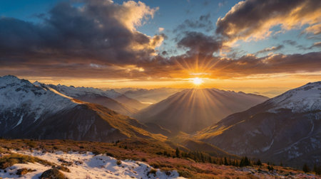 Sunset in the mountains. Panorama of the Caucasus Mountains.