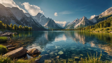 Panoramic view of alpine lake with reflection of mountains.