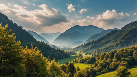 Panoramic view of the valley in the mountains. Summer landscape.