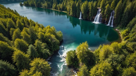 Panoramic view of the waterfall in the forest. Aerial view